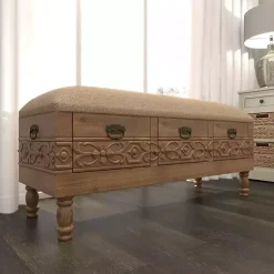 Kirklands Home Beige Upholstered Acanthus Carved Wooden Bench Tan Discount