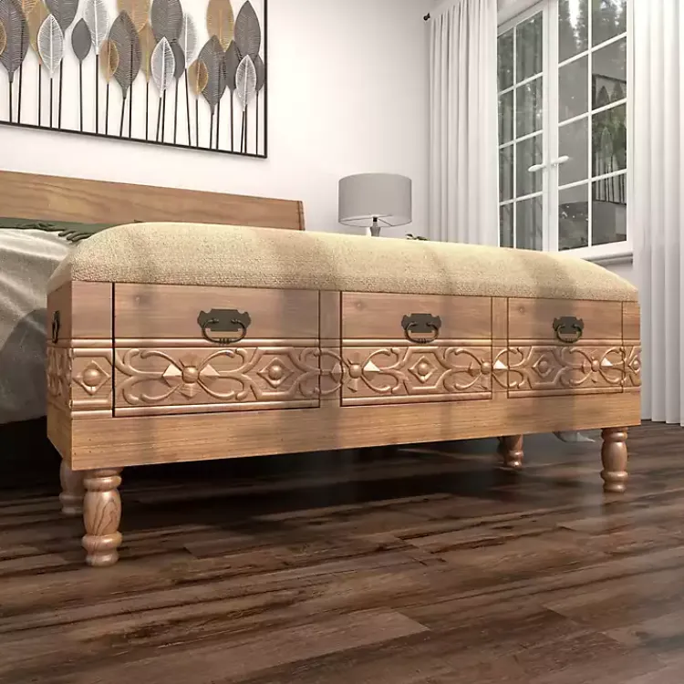 Kirklands Home Beige Upholstered Acanthus Carved Wooden Bench Tan Discount