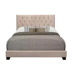 Kirklands Home Beige Upholstered Button Tufted Wing Queen Bed Tan Outlet