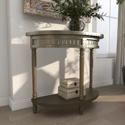 Kirklands Home Beige Wood and Metal Half Moon Console Table Tan Outlet
