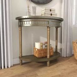 Kirklands Home Beige Wood and Metal Half Moon Console Table Tan Outlet