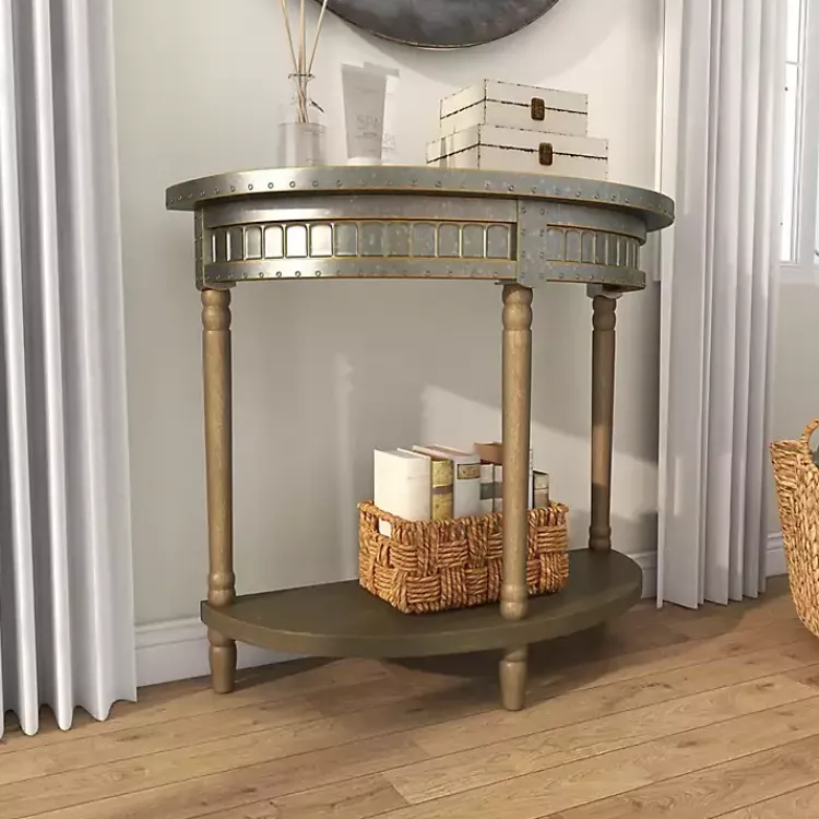Kirklands Home Beige Wood and Metal Half Moon Console Table Tan Outlet