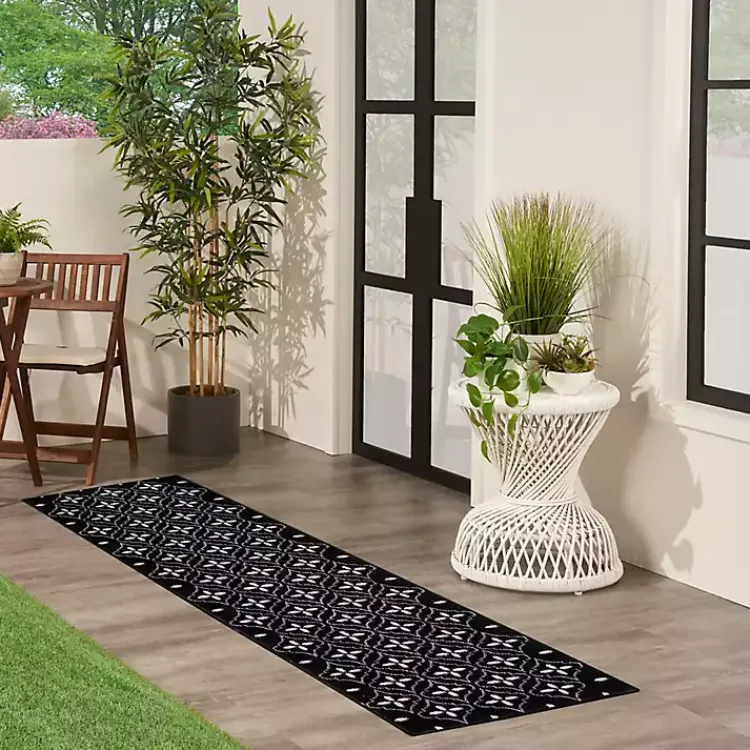 Kirklands Home Black & Ivory Quatrefoil Indoor/Outdoor Runner Clearance