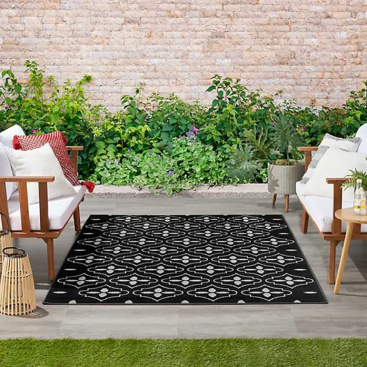 Kirklands Home Black & Ivory Quatrefoil Indoor/Outdoor Rug, 4x6 New