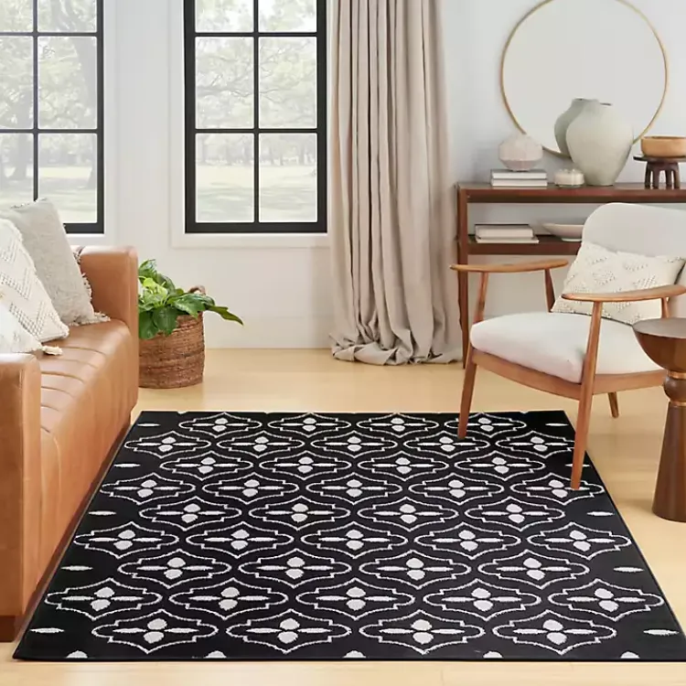 Kirklands Home Black & Ivory Quatrefoil Indoor/Outdoor Rug, 4x6 New