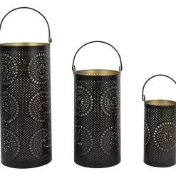 Lanterns>Kirklands Home and Gold Laser Cut Floral Lanterns, Set of 3 Black