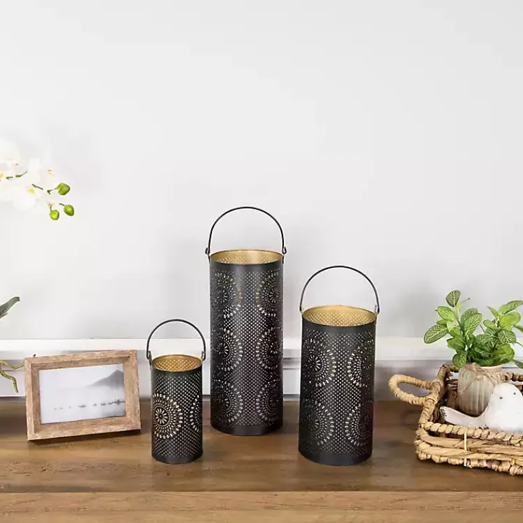 Lanterns>Kirklands Home and Gold Laser Cut Floral Lanterns, Set of 3 Black