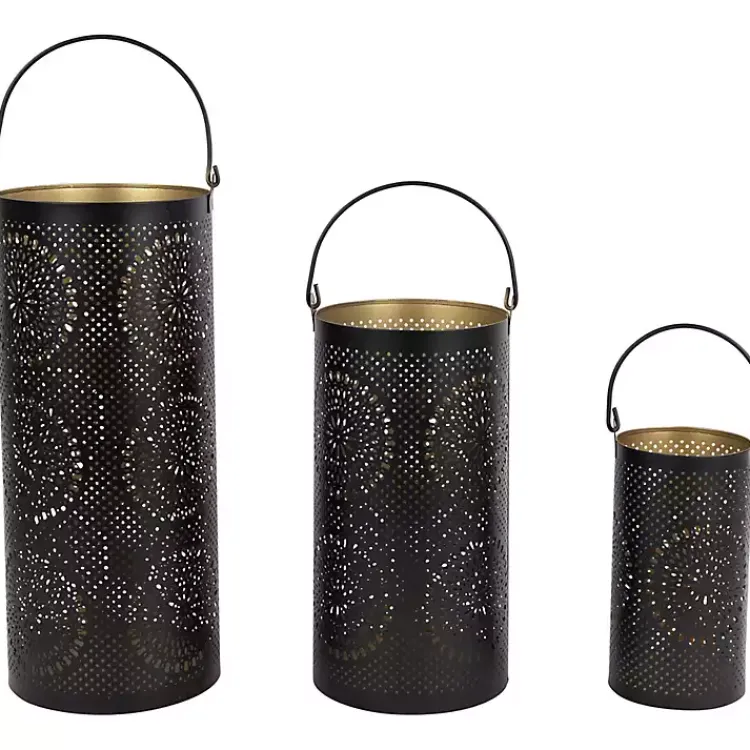 Lanterns>Kirklands Home and Gold Laser Cut Floral Lanterns, Set of 3 Black