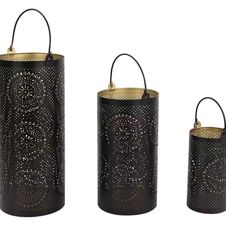 Lanterns>Kirklands Home and Gold Laser Cut Floral Lanterns, Set of 3 Black