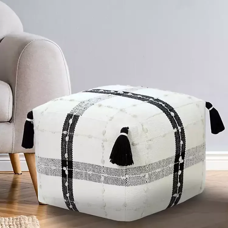 Poufs & Floor Cushions>Kirklands Home Black and Ivory Textured Plaid Pouf