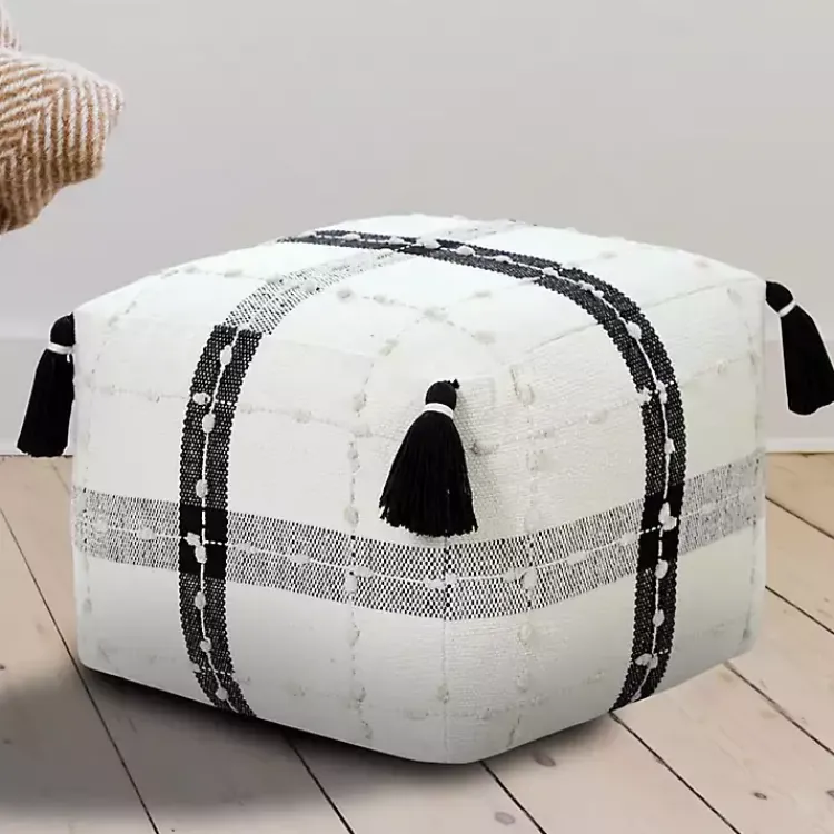 Poufs & Floor Cushions>Kirklands Home Black and Ivory Textured Plaid Pouf