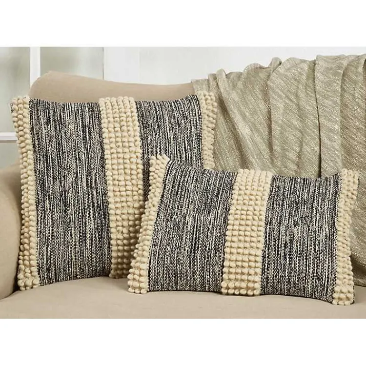 Pillows>Kirklands Home Black and Natural Pom Pom Stripe Lumbar Pillow