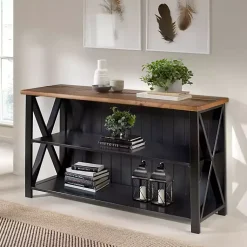 Kirklands Home Black and Rustic Oak Wood Farmhouse Console Table New