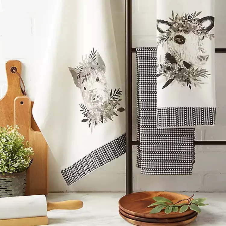 Kirklands Home Black and White Animal Kitchen Towels, Set of 3 New