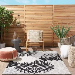 Kirklands Home Black and White Floral Outdoor Area Rug, 5x7 Clearance