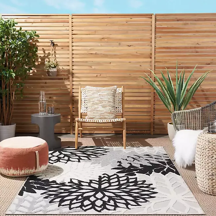Kirklands Home Black and White Floral Outdoor Area Rug, 5x7 Clearance