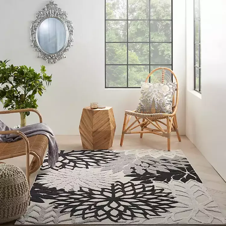 Kirklands Home Black and White Floral Outdoor Area Rug, 5x7 Clearance