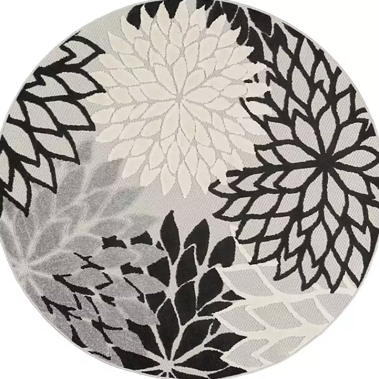 Kirklands Home Black and White Floral Round Outdoor Area Rug, 5x5