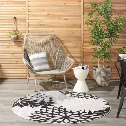 Kirklands Home Black and White Floral Round Outdoor Area Rug, 5x5