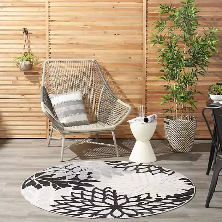 Kirklands Home Black and White Floral Round Outdoor Area Rug, 5x5