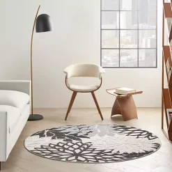 Kirklands Home Black and White Floral Round Outdoor Area Rug, 5x5
