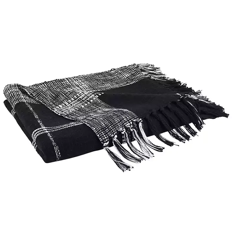 Blankets & Throws>Kirklands Home Black and White Plaid Fringed Throw