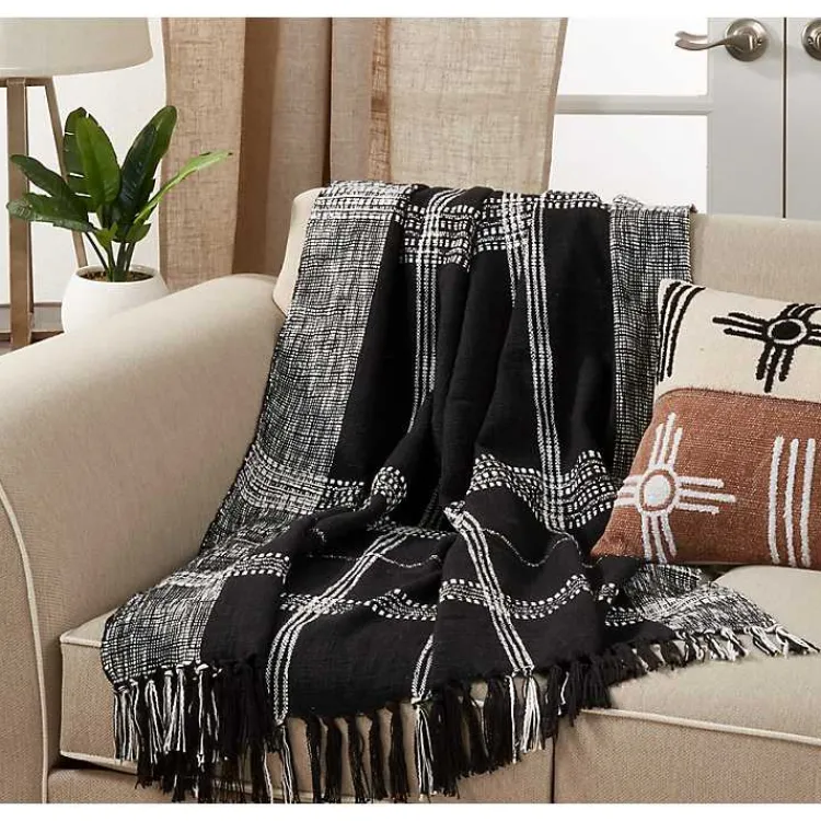 Blankets & Throws>Kirklands Home Black and White Plaid Fringed Throw