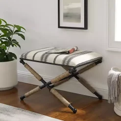 Kirklands Home Black and White Striped Upholstered Ottoman New