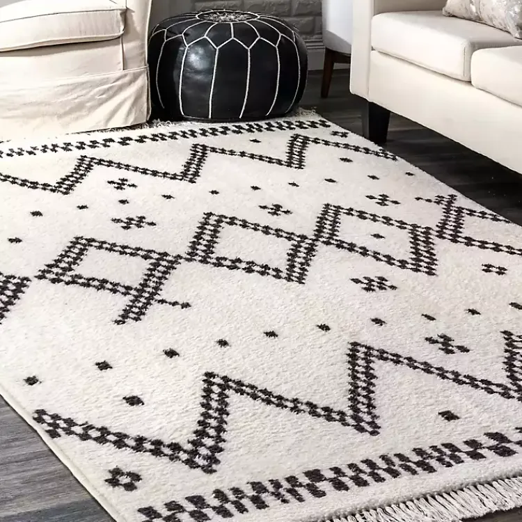 Kirklands Home Black and White Tracy Fringed Area Rug, 8x10 Clearance