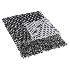 Blankets & Throws>Kirklands Home and White Waffle Knit Fringe Throw Black