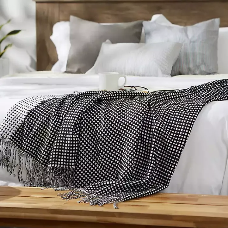 Blankets & Throws>Kirklands Home and White Waffle Knit Fringe Throw Black