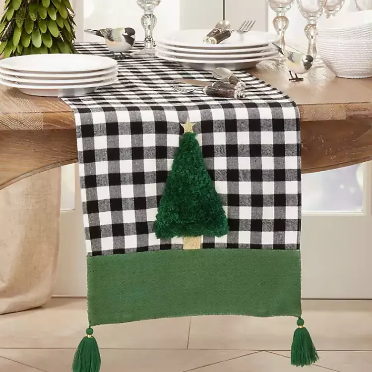 Kirklands Home Black Buffalo Check Christmas Tree Table Runner New
