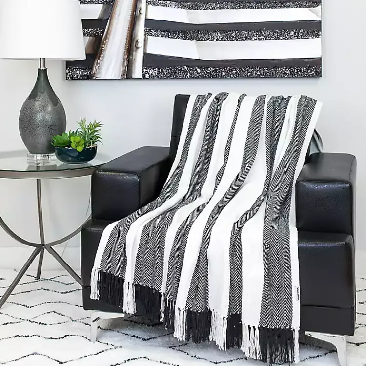 Blankets & Throws>Kirklands Home Black Chalet Striped Fringe Throw