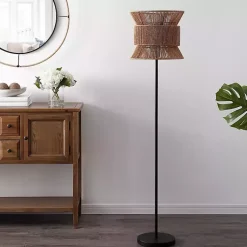 Kirklands Home Black Floor Lamp with Natural Woven Shade Brown Clearance