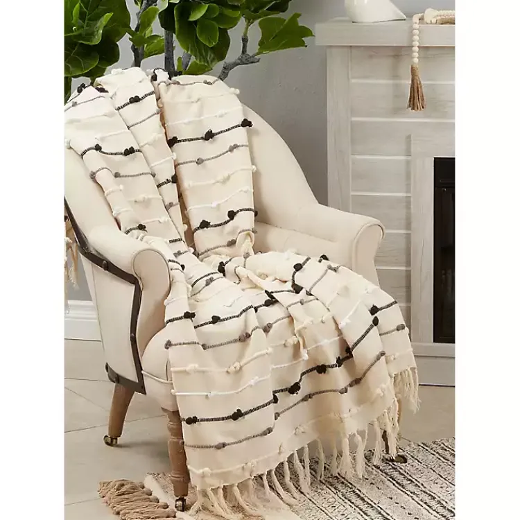 Blankets & Throws>Kirklands Home Black Gray Dot Striped Throw Blanket Ivory