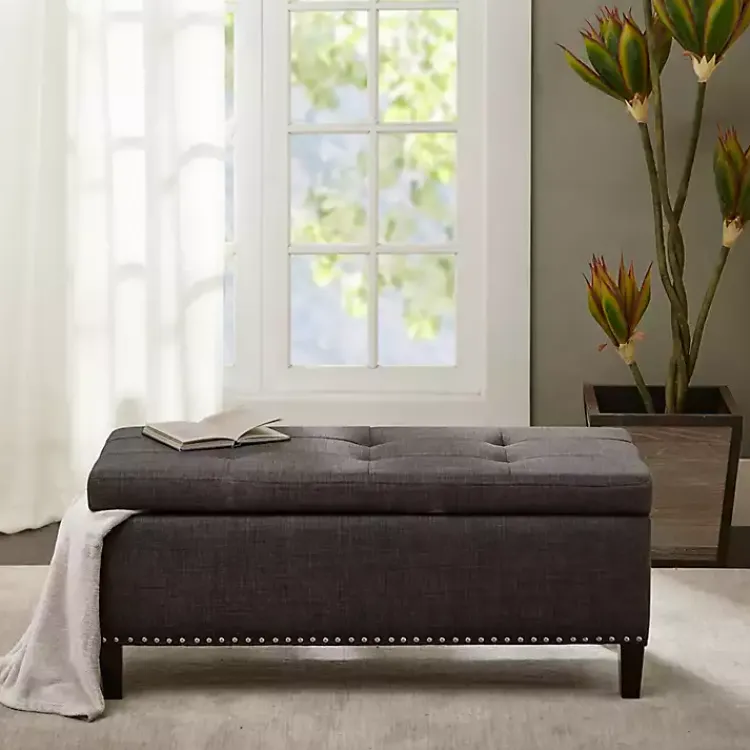 Kirklands Home Linen Button Tufted Storage Bench Black New