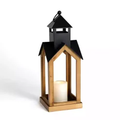 Lanterns>Kirklands Home Black Metal & Natural Wood Steeple Lantern, 24 in.