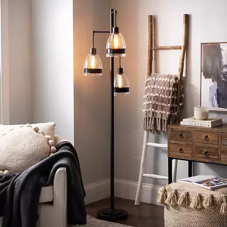 Kirklands Home Black Metal and Glass Globe 3-Arm Floor Lamp Clear