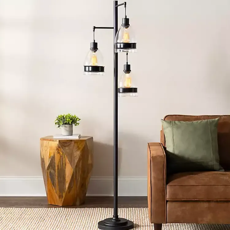 Kirklands Home Black Metal and Glass Globe 3-Arm Floor Lamp Clear