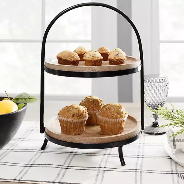 Kirklands Home Black Metal and Natural Wood 2-Tier Server Best