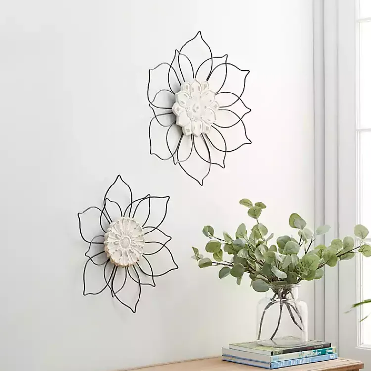 Kirklands Home Black Metal and Wood Floral Wall Plaques, Set of 2 Outlet