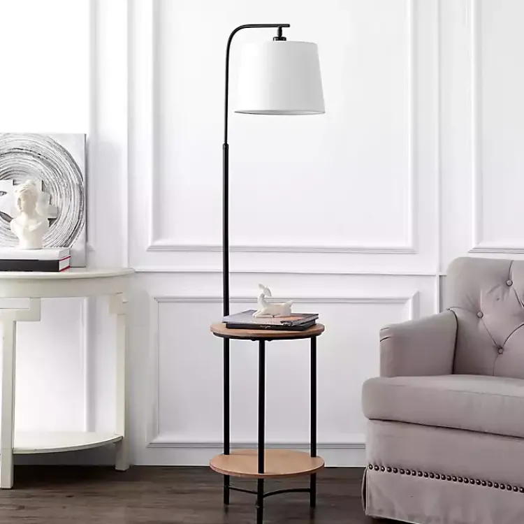 Kirklands Home Black Metal Floor Lamp with Wood Shelves White