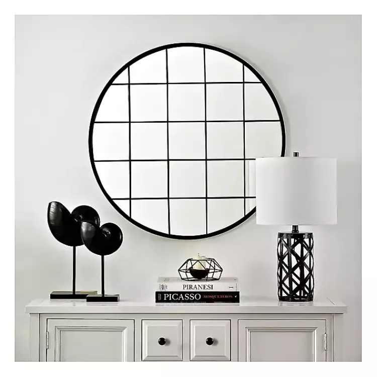 Kirklands Home Black Metal Grid Frame Round Wall Mirror