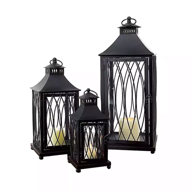 Lanterns>Kirklands Home Metal Lanterns with Top Handles, Set of 3 Black