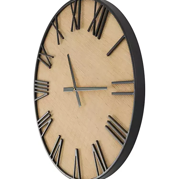 Kirklands Home Black Metal Natural Wood Wall Clock Clearance