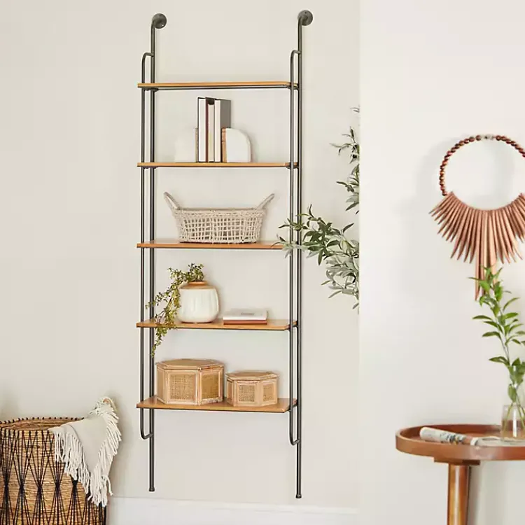 Kirklands Home Black Metal Pipe Frame Brown Wood Wall Shelf