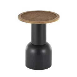 Kirklands Home Black Metal Rattan Pedestal Accent Table, 16 in. Brown Outlet