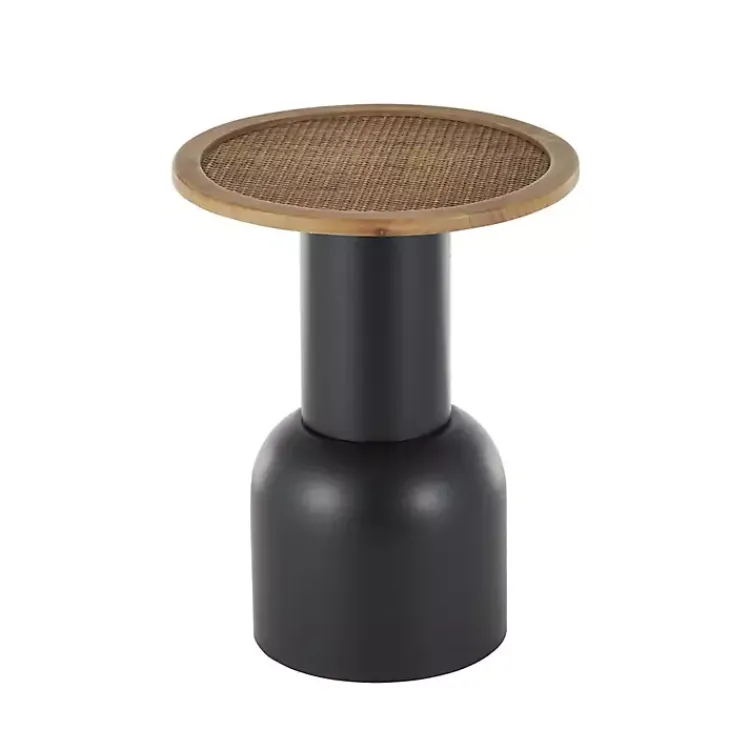 Kirklands Home Black Metal Rattan Pedestal Accent Table, 16 in. Brown Outlet