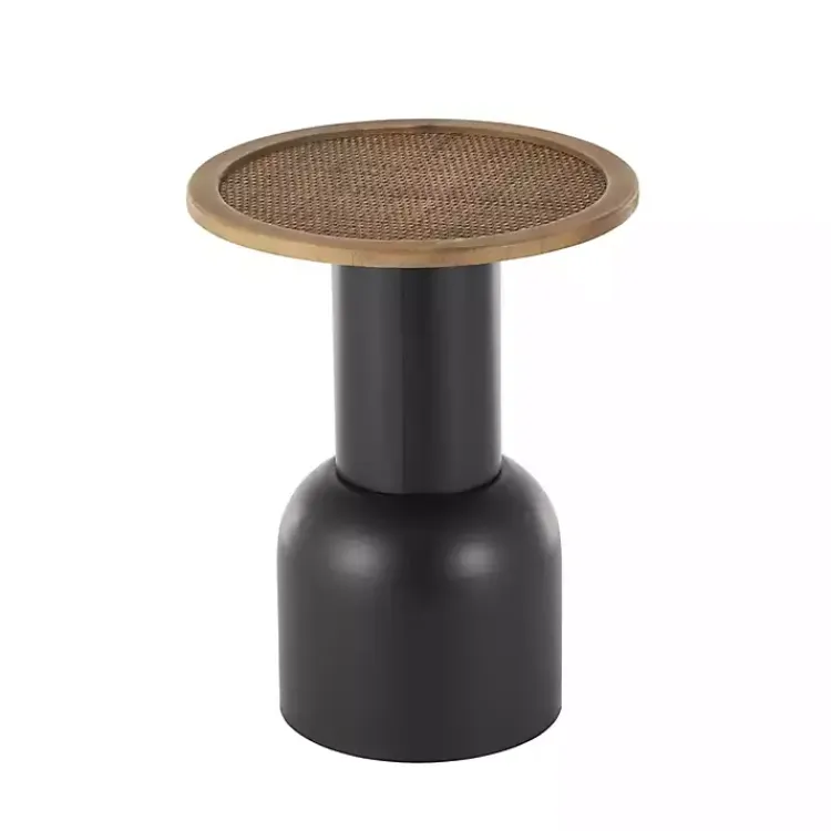 Kirklands Home Black Metal Rattan Pedestal Accent Table, 16 in. Brown Outlet