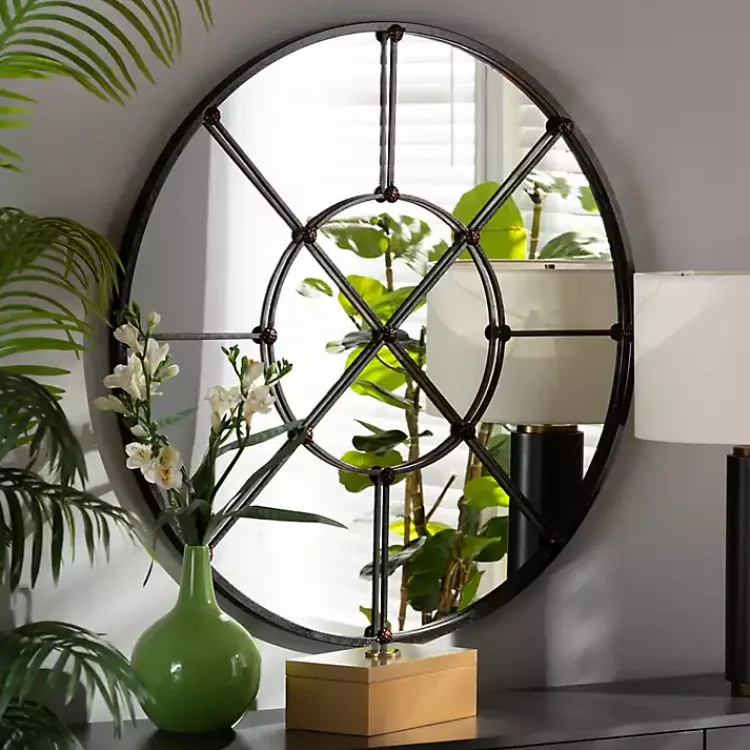 Kirklands Home Metal Round Geometric Pane Wall Mirror Black Online